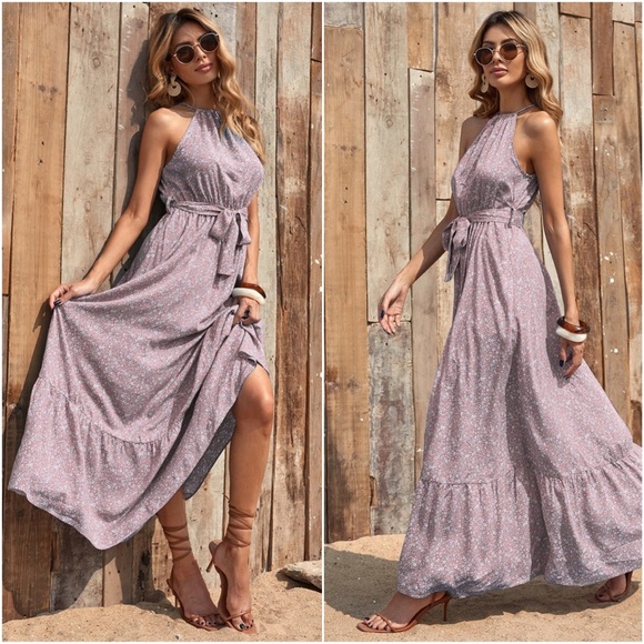 Dresses & Skirts - Boho Floral Print Halter Ruffle Maxi Dress Pink
